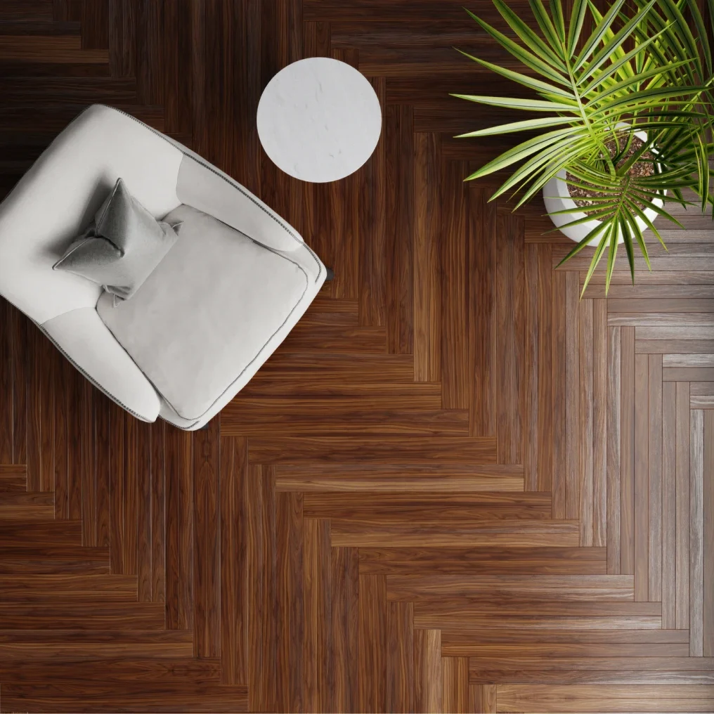 Armchair and table on wooden floor